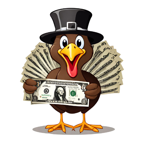 AI-generated smiling cartoon turkey with pilgrim hat holding a large dollar bill